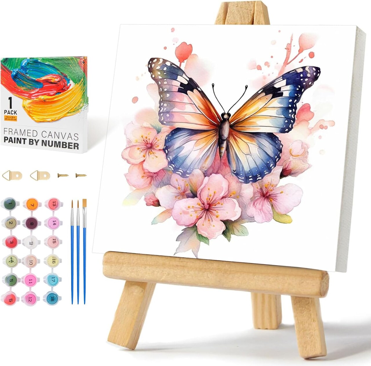 Framed Butterfly Paint by Numbers Kit, Acrylic Paint, 10x10 Canvas